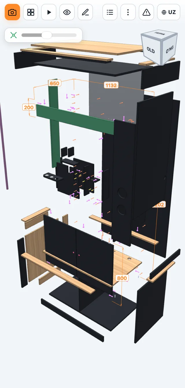 Yoyilgan ko'rinish (exploded view): model qismlari havoda ajralgan